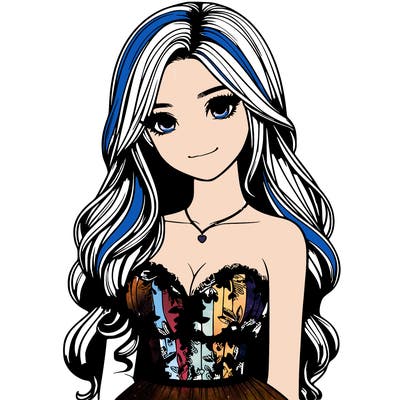 realistic girl with long hair and pretty prom dress