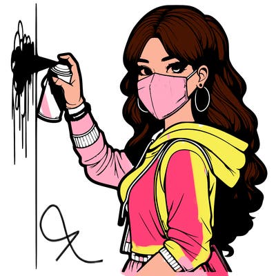 realistic girl with mask spray painting a wall