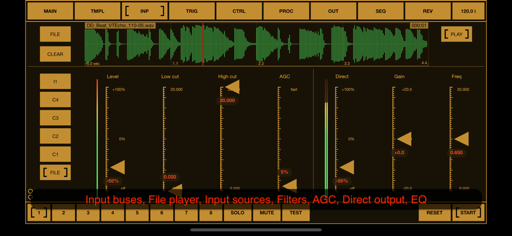 BeatCutter - Interfaz de entrada de audio de la aplicación BeatCutter que muestra la visualización de la forma de onda y los controles de procesamiento de audio