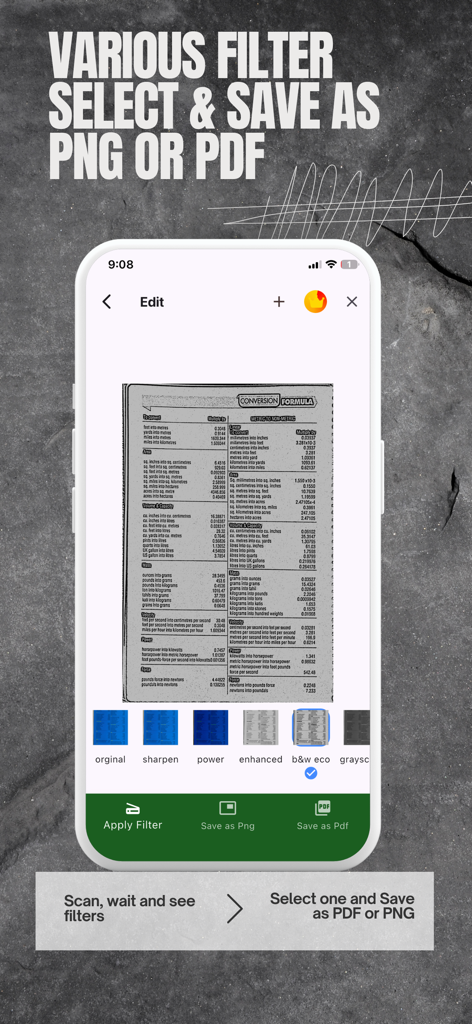 A smartphone screen showing the PDF Scanner RS app with document filters and options to save as PNG or PDF