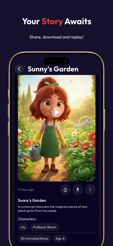 Uma interface móvel do aplicativo Laila mostrando uma história gerada por IA intitulada O Jardim de Sunny com uma animação 3D de uma menina em um jardim.