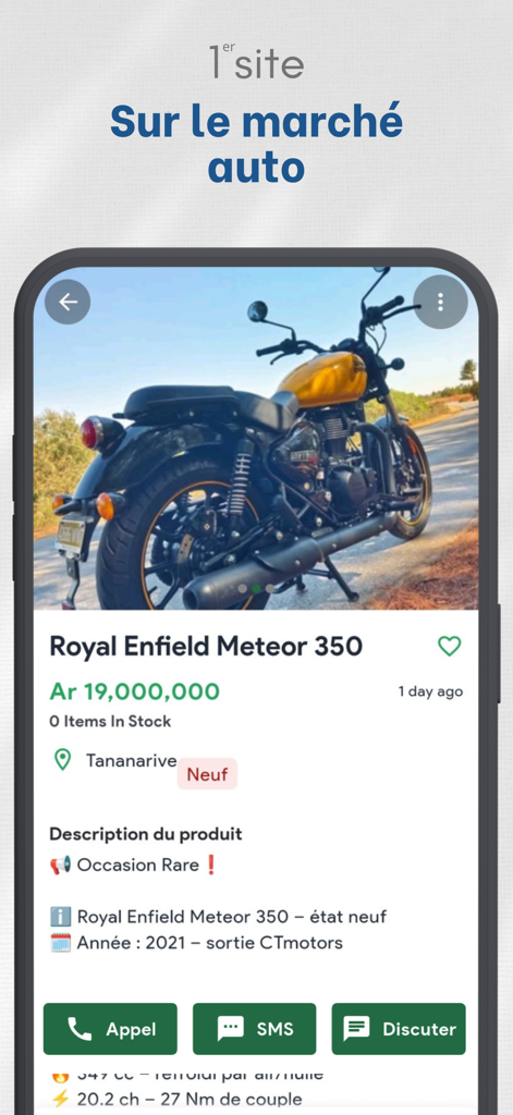 Bazar kely, petites annonces - Capture d'écran d'une moto Royal Enfield à vendre sur l'application d'annonces classées Bazar kely à Antananarivo, Madagascar.