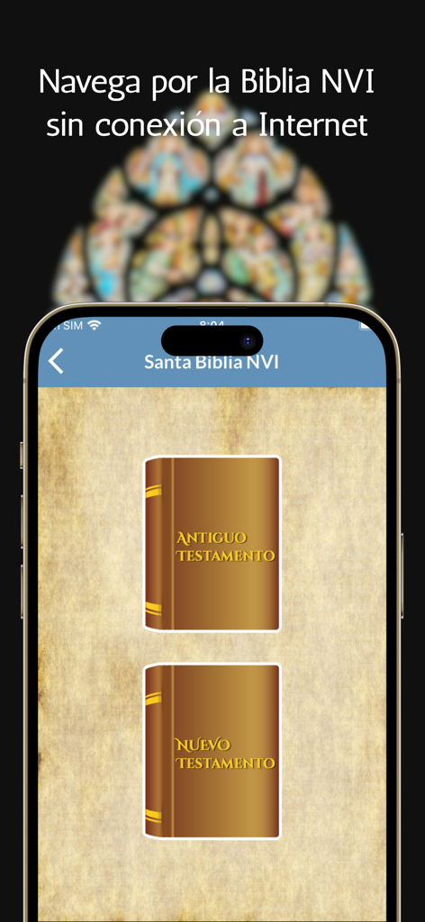 Santa Biblia NVI - Interfaz de la aplicación Santa Biblia NVI mostrando opciones para el Antiguo y Nuevo Testamento