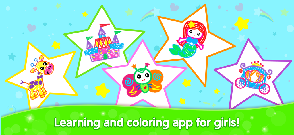 Kids Drawing Games for Girls - Colorful banner for a kids drawing and coloring app featuring stars with drawings of a giraffe, castle, butterfly, mermaid, and carriage