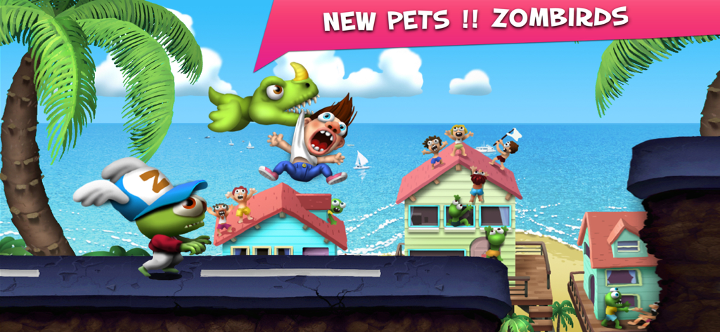 Zombie Tsunami - 해변 환경에서 좀비 새 애완동물과 좀비를 보여주는 좀비 쓰나미 게임 플레이