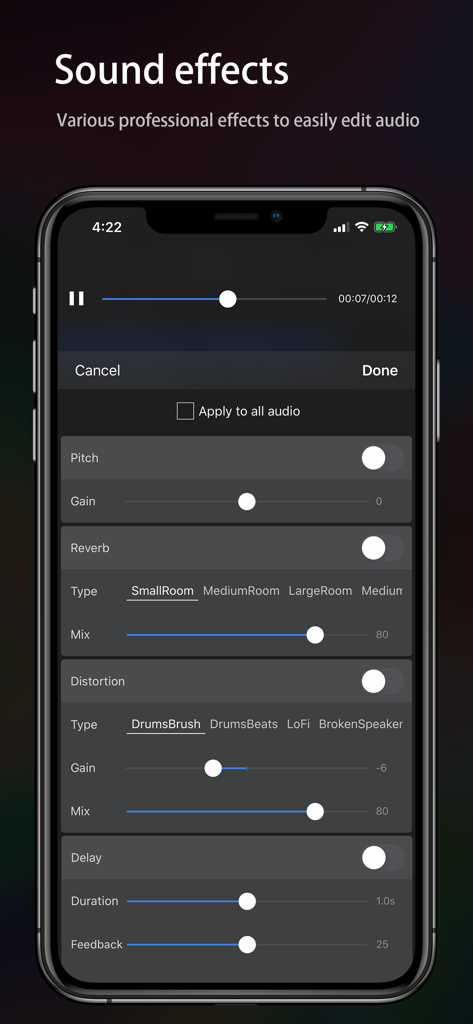 Audio Editor - Music editor - Interface of Audio Editor app featuring various sound effects like reverb and distortion.