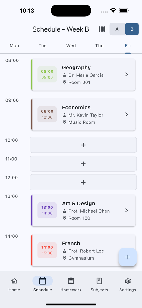 Chool - School Timetable - A clean and color coded student timetable showing a daily schedule with teacher names and classroom locations