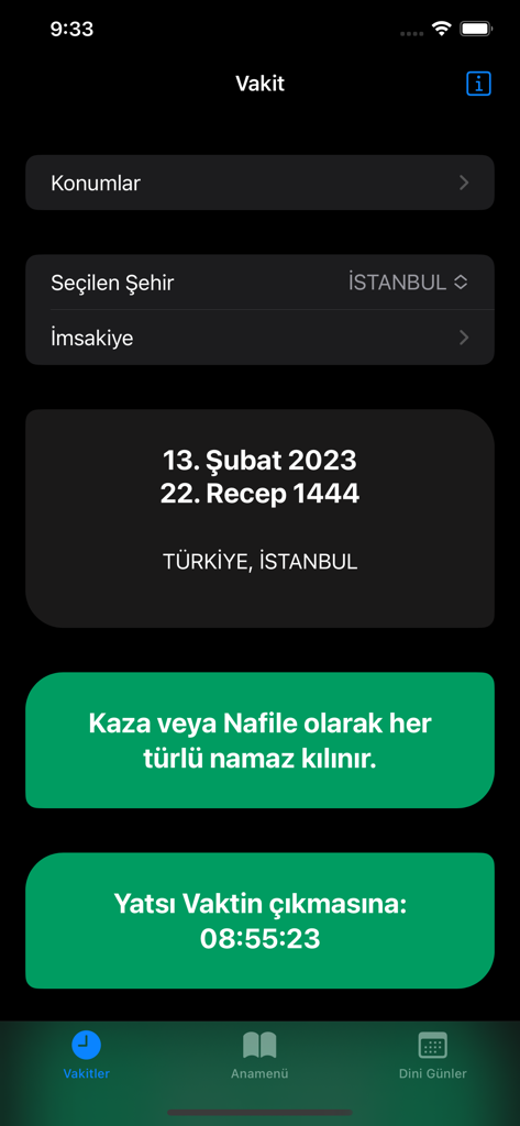 Interface d'application mobile montrant les horaires de prière islamiques et un compte à rebours pour la prochaine prière à Istanbul.