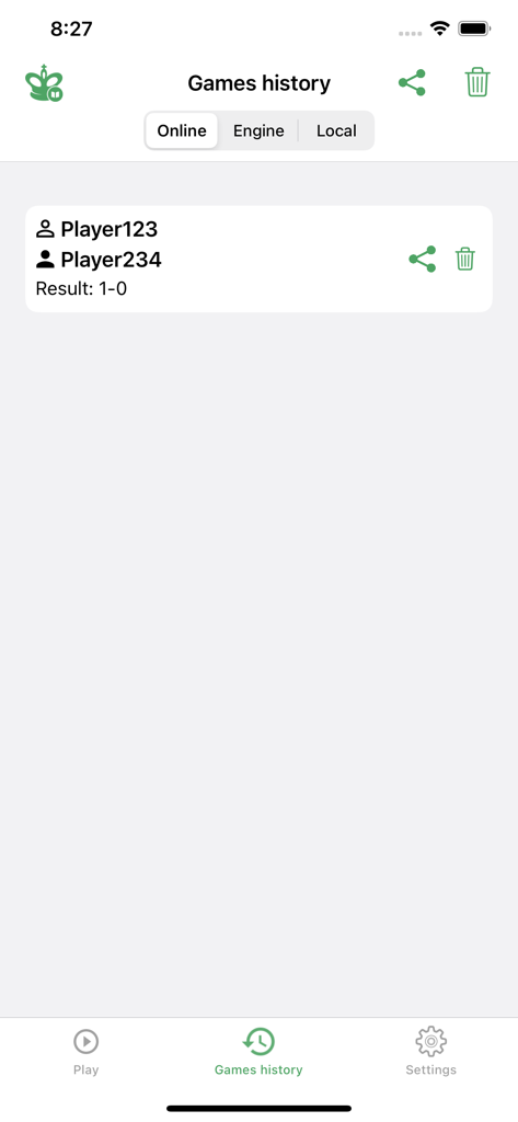 Chess King - Play Online - The games history screen of the Chess King app showing a list of online matches and results