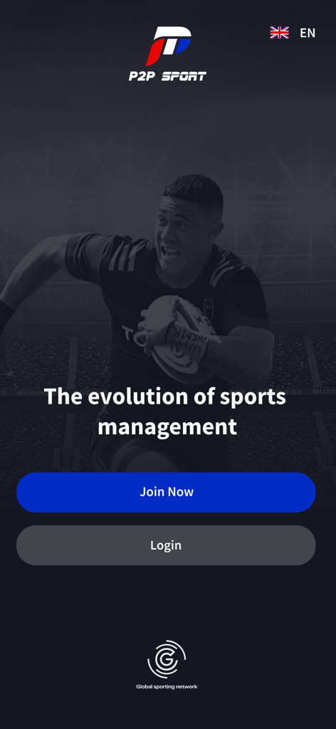 P2P Sport mobile App Willkommensbildschirm mit einem Rugbyspieler und Optionen zum Beitreten oder Anmelden.