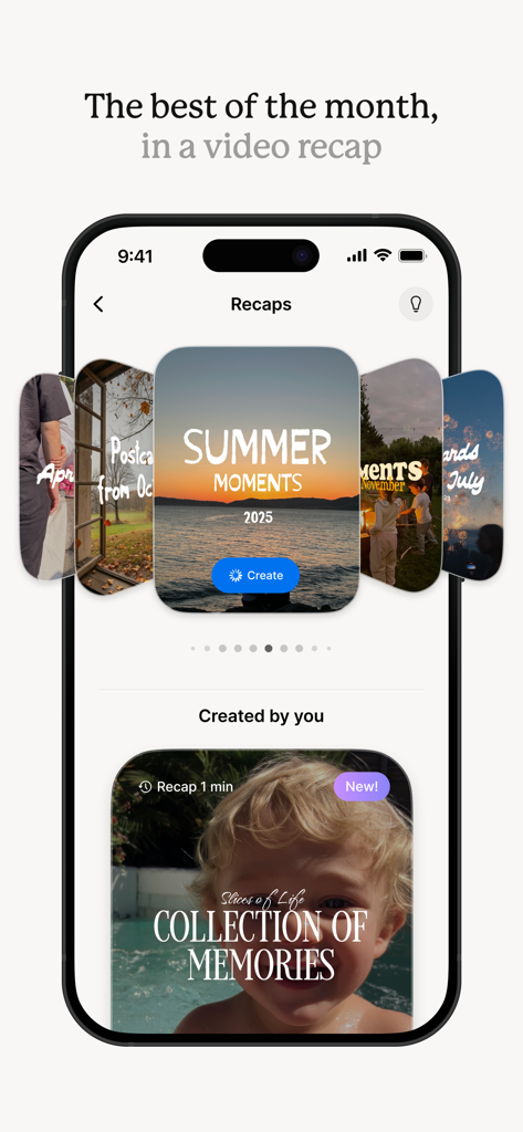 Dots. Memories: Photo & Video - A mobile interface of the Dots Memories app showing monthly video recaps and private family photo collections.