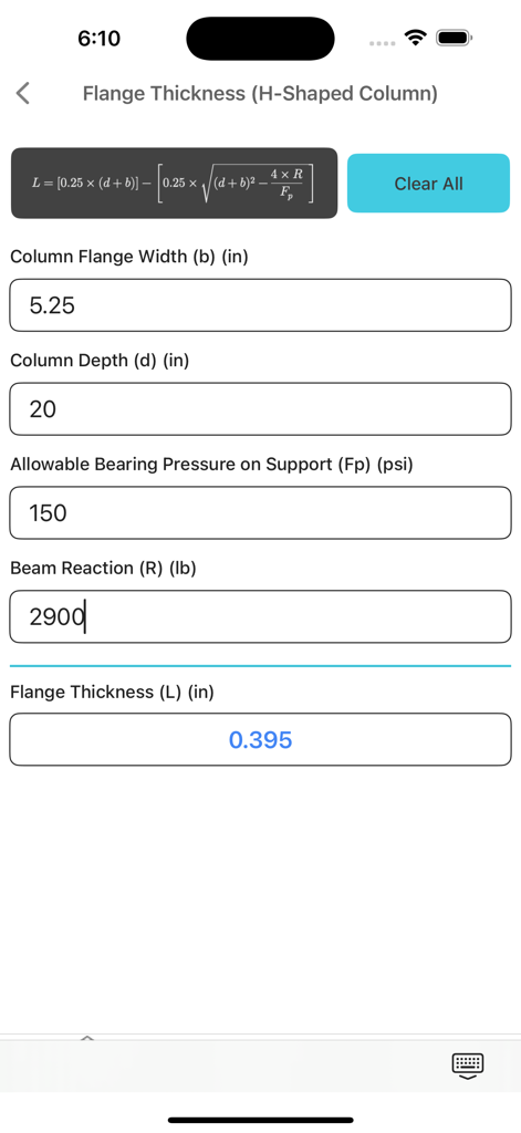 Structural Engineering lite - Interface of the Structural Engineering lite app showing a flange thickness calculator for H-shaped columns with input fields for width, depth, and pressure.