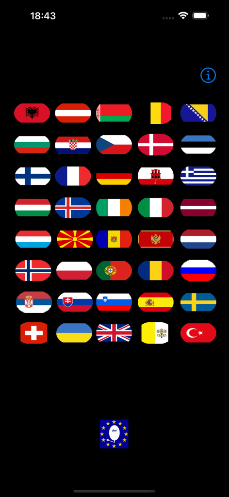 SatFinder GPS EU - A grid of European country flags for selection within the SatFinder GPS EU app