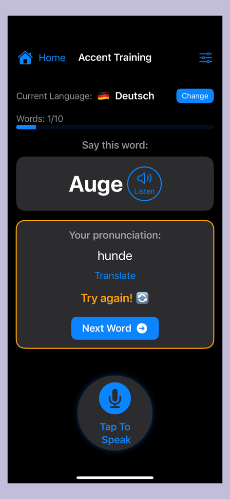Accent Training - Vocabulary - Interface of the Accent Training app showing a German word pronunciation exercise with instant feedback