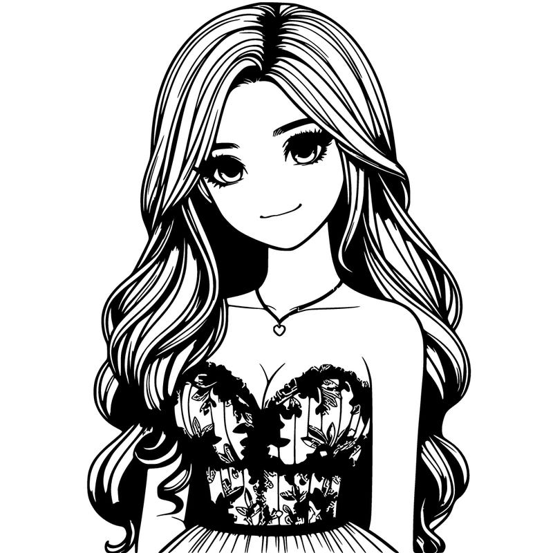 realistic girl with long hair and pretty prom dress