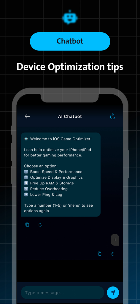 Pantalla de chatbot de IA que proporciona consejos de optimización del dispositivo para mejorar el rendimiento de los juegos