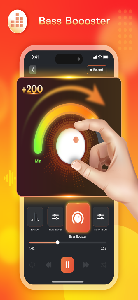 Sonic Equalizer: Bass Booster - User adjusting the bass booster level to plus 200 on the Sonic Equalizer app interface