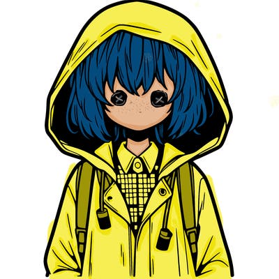 little anime girl in a raincoat her hair is covering her eyes she has a lighter