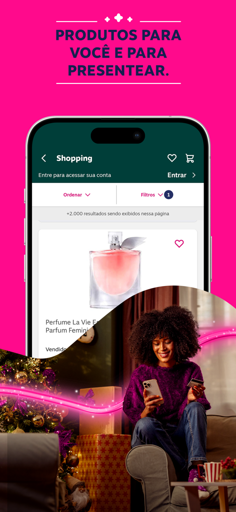 Livelo: pontos no cartão e + - Interfaz de compras de la aplicación Livelo que muestra productos de perfumería y a una mujer comprando regalos en línea.
