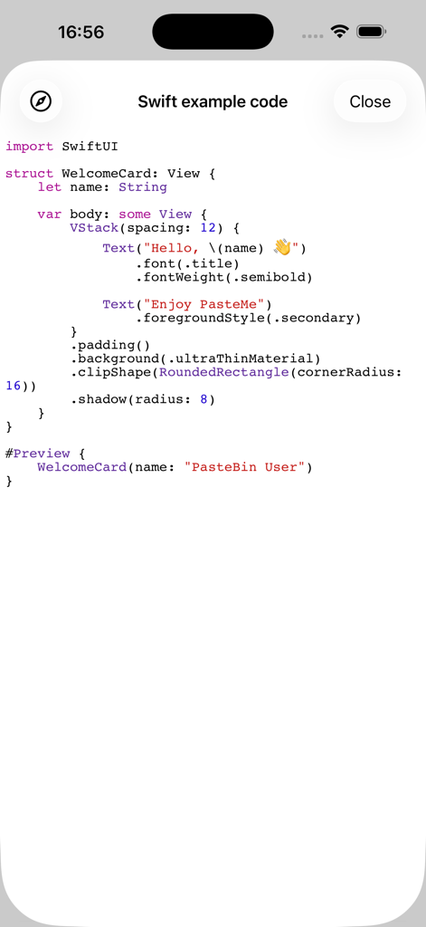 PasteMe app displaying a Swift code snippet with syntax highlighting