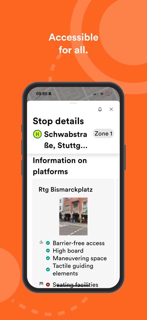 VVS Mobil App Benutzeroberfläche mit Informationen zu Barrierefreiheitsfunktionen und Bahnsteigdetails für eine Haltestelle