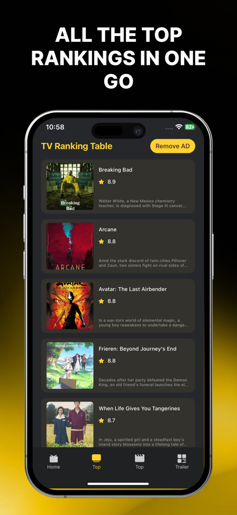 DeepVideo X - DeepVideo X mobile app screen displaying a list of top-rated TV shows and anime rankings.