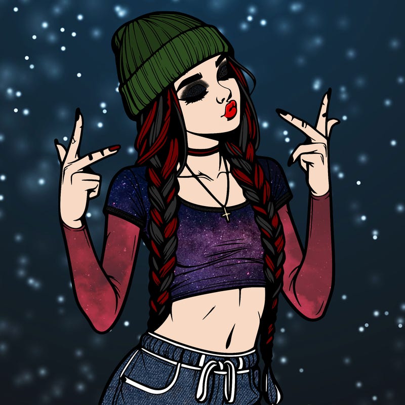 realistic teenage girl with braids and a beanie and crop top doing 🫶🏼