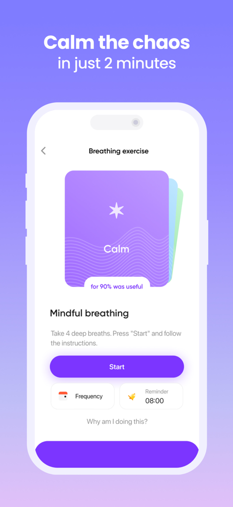 La interfaz de la aplicación Sunrise ADHD que muestra una pantalla de ejercicio de respiración consciente diseñada para ayudar a los usuarios a calmarse.