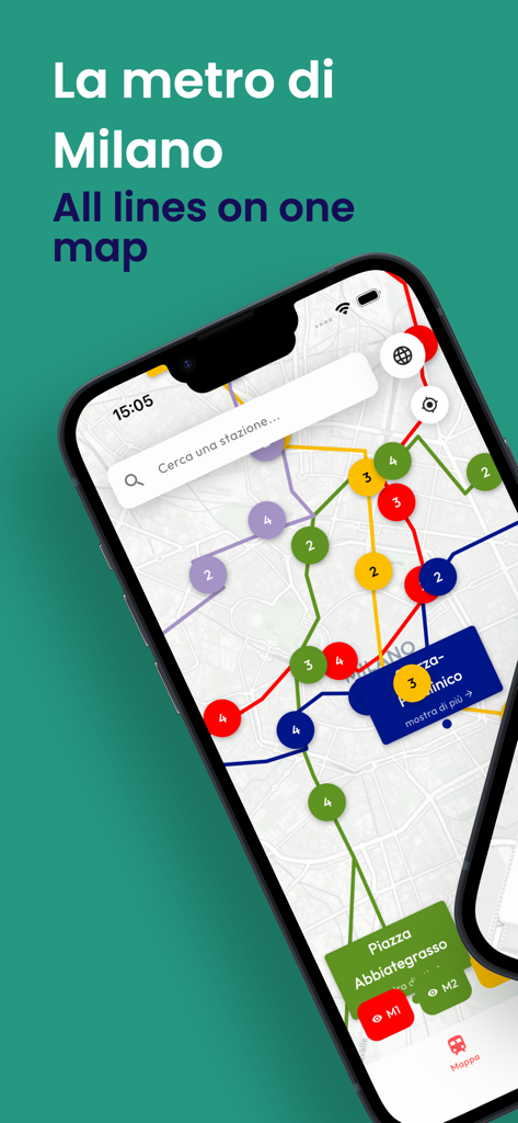 Uno schermo di un'app mobile che mostra una mappa colorata di tutte le linee della metropolitana di Milano su un iPhone.