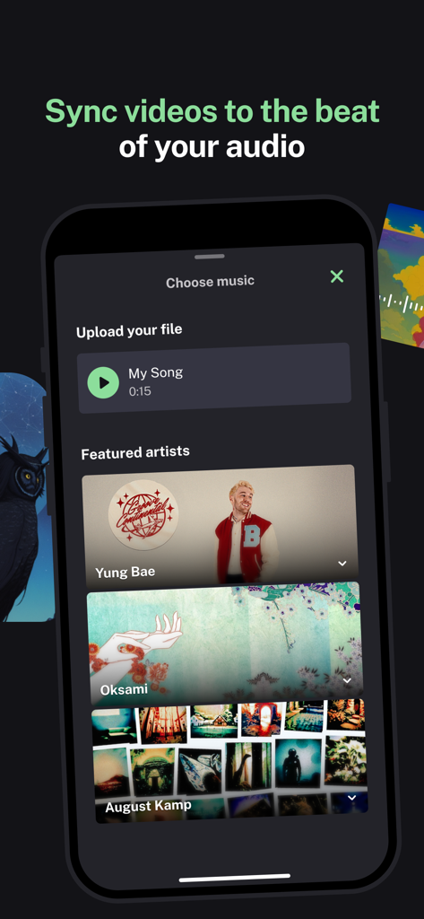 Interfaz de la aplicación Kaiber que muestra la opción de sincronizar video generado por IA con el ritmo de un archivo de audio cargado.