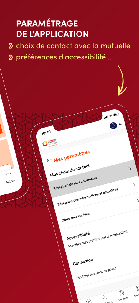 Harmonie & moi - Interface des paramètres de l'application d'assurance maladie Harmonie et moi sur un smartphone
