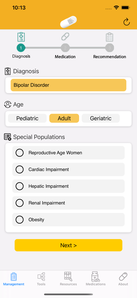 Clinical decision tool screen showing diagnosis selection for Bipolar Disorder and special population considerations