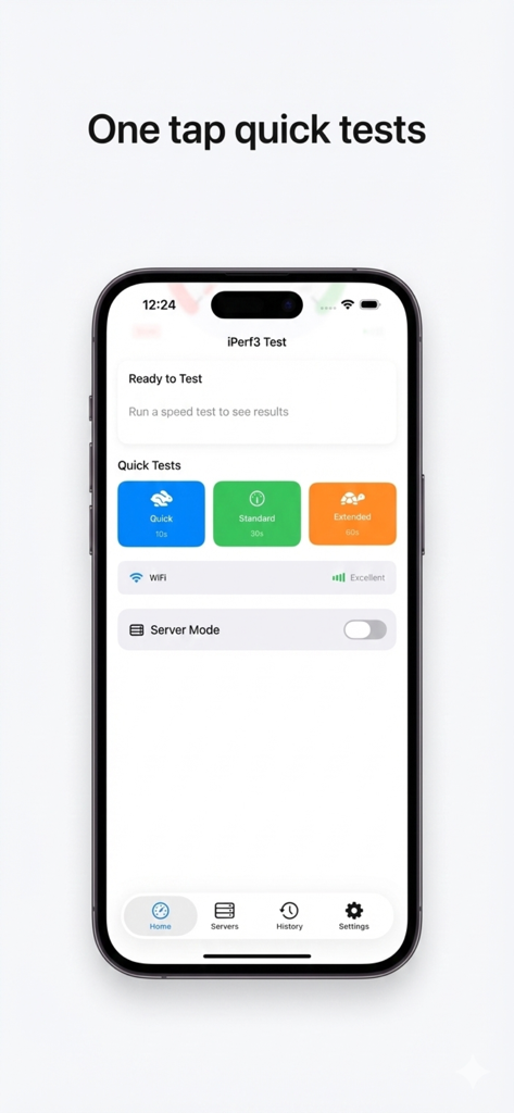iPerf3 Client & Server - iPerf3 Client home screen on iPhone showing quick standard and extended test buttons