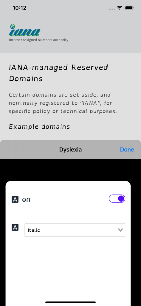 Dyslexia .abc app interface showing font style settings and the OpenDyslexic font applied to a webpage
