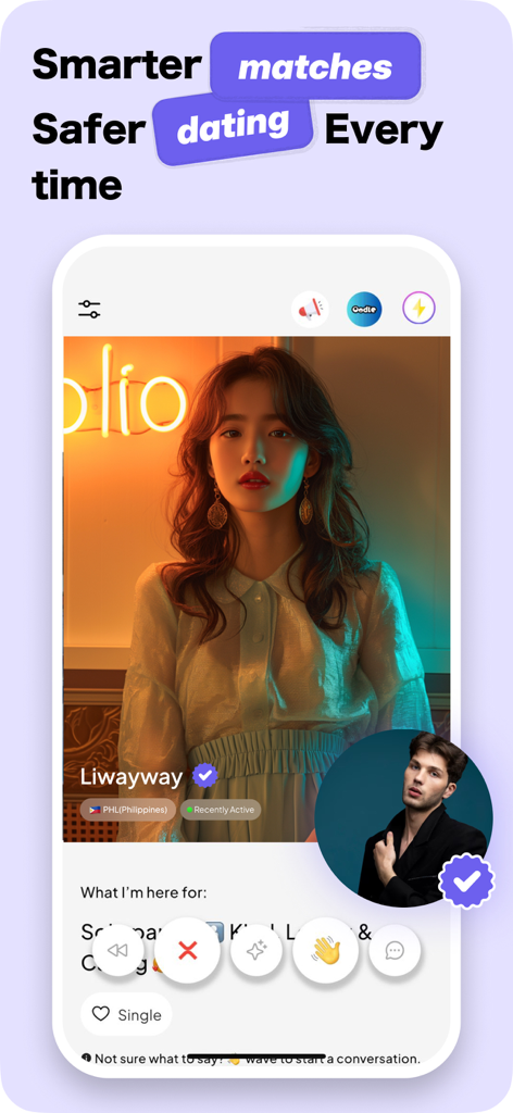 A screenshot of Oodle Asian Dating app showing verified profiles and safer dating matches