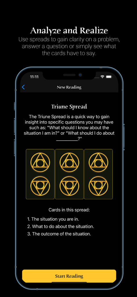 La interfaz de la aplicación Frequency Guidance Cards muestra un diseño de lectura de Extensión Triuna.