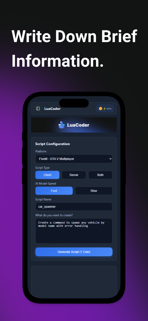LuaCoder - Script Maker - Interface de l'application LuaCoder montrant la configuration de script pour un générateur de voitures FiveM