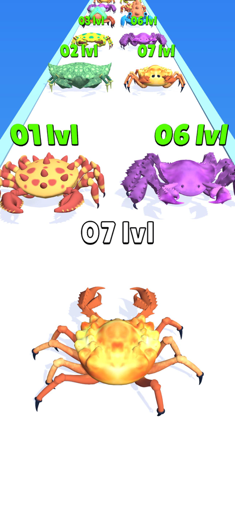 Crab Evolution Run - Multiple colorful crabs with different levels displayed on a running track