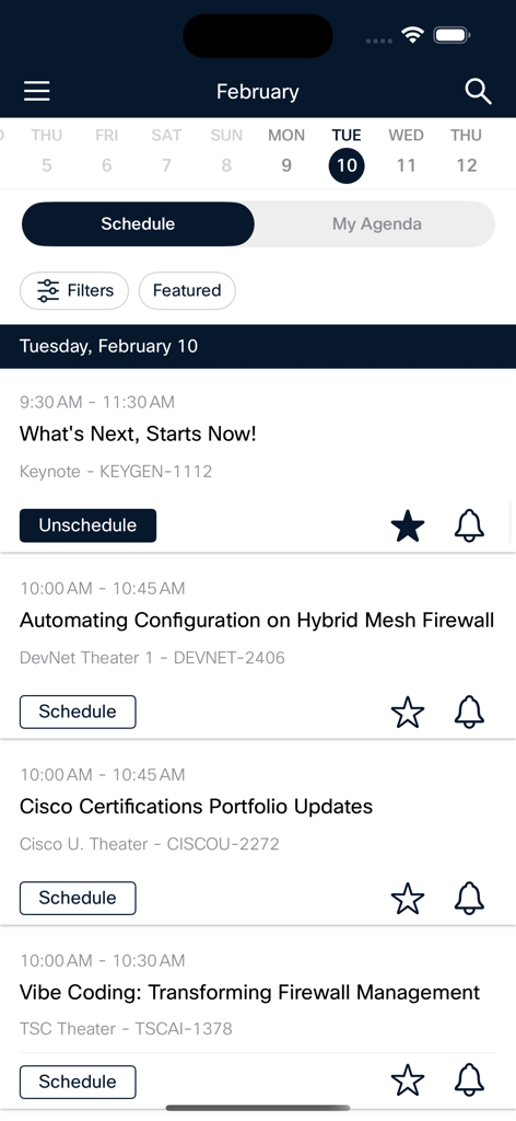Cisco Events App - Daily event schedule view in the Cisco Events App showing various technical sessions and keynote information
