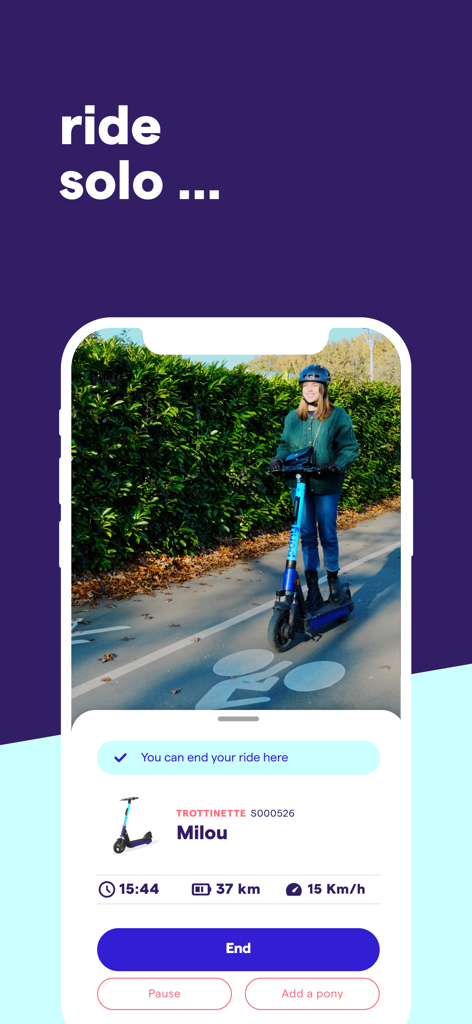 A woman riding a blue electric scooter with the Pony app showing ride time and distance tracking.