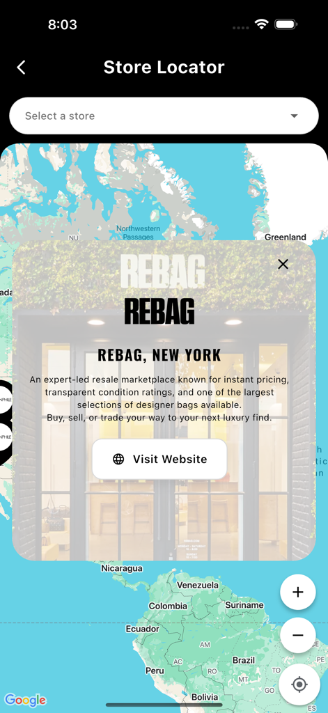 Store locator screen in the BagCheck app showing a Rebag location in New York on a map.
