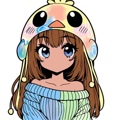 anime girl with chick shaped hat with sweater with bare shoulders with bangs covering them one eye with low tail
