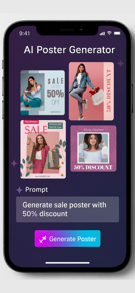 AI Poster Maker - 50％割引のセールポスターを生成するためのテキストプロンプトを示すAIポスターメーカーアプリのインターフェース