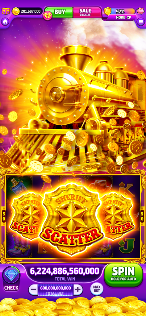Big win in Cash Tornado Slots with golden train and sheriff scatter symbols