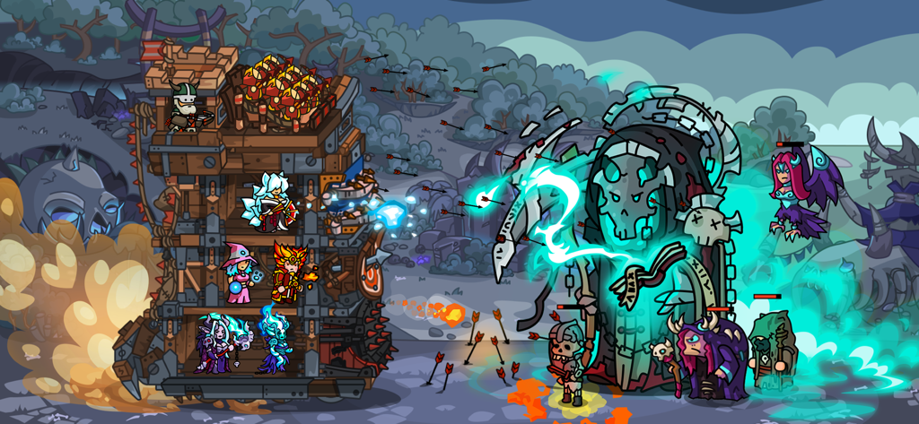 Heróis defendendo uma torre de madeira contra inimigos mortos-vivos em uma cena de batalha de fantasia