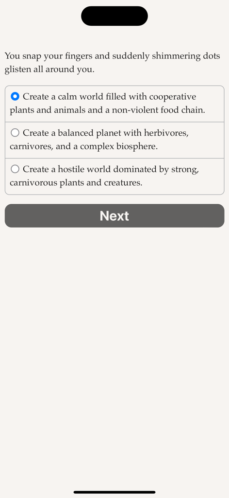 The Aether: Life as a God - A text-based choice menu in The Aether game where players select their world's ecosystem type