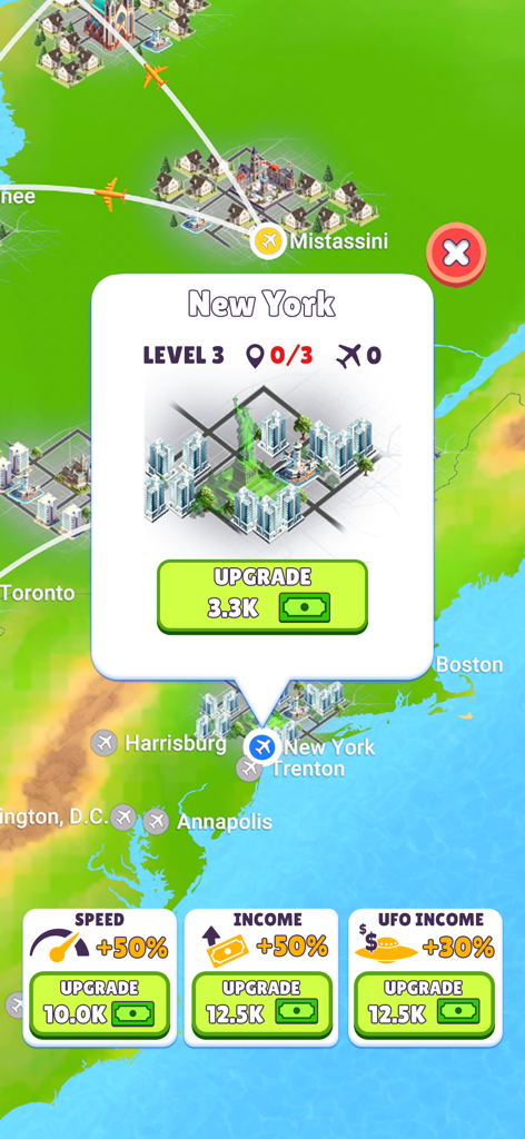 Fly Connect: Explore the World - New York City upgrade menu showing the Statue of Liberty landmark on a world map in Fly Connect airline tycoon game