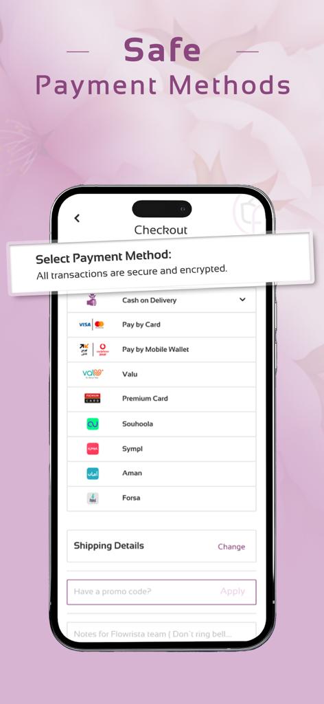 Flowrista  Flowers & Gifts - Flowrista app checkout screen displaying multiple secure payment options including card and mobile wallet