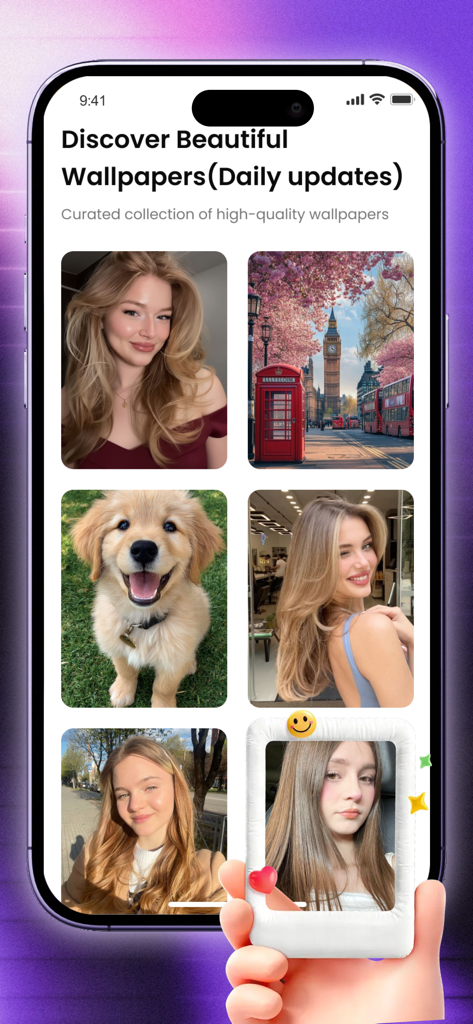 Wallea - Interfaz de la aplicación Wallea mostrando una colección curada de fondos de pantalla estéticos de alta calidad con actualizaciones diarias para usuarios de iPhone