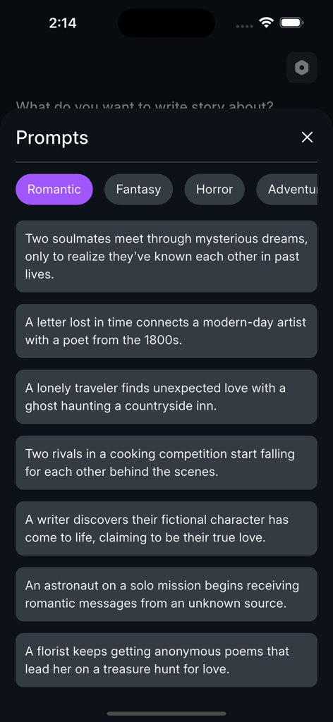 AI Story Creator - Novel Book - Interface of AI Story Creator showing a selection of romantic writing prompts for novel creation